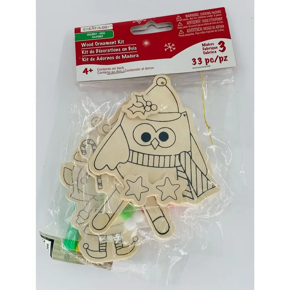 Wood Oranament Decorating Kit Creatology 3 Piece Set Sock Monkey Owl Elf Markers